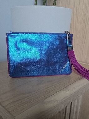 Brian Atwood Metallic Blue Leather Wristlet Clutch with Purple Tassel